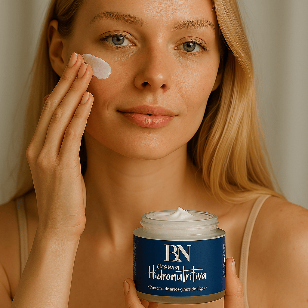 Una chica rubia con un bote de crema hidratante facial
